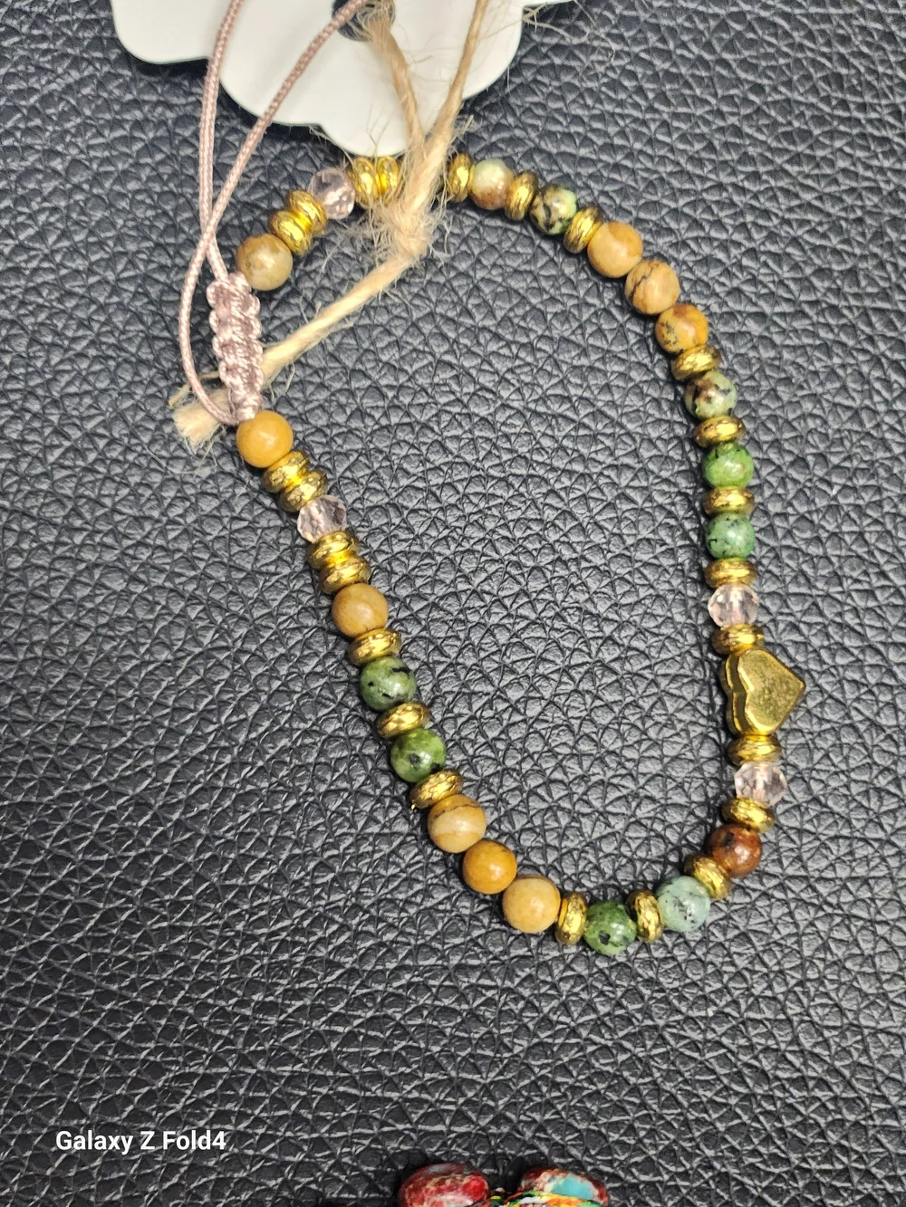 Handmade Green & Tan Stone Jasper Stone Stretch Bracelet with Gold Accents